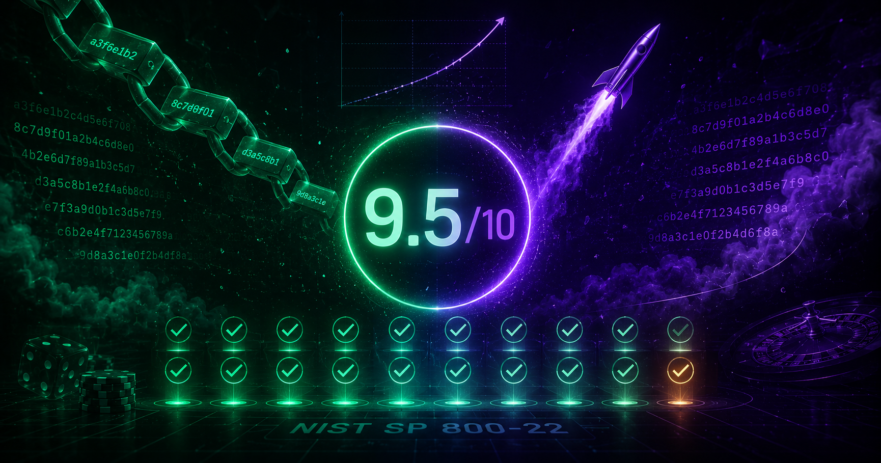 Bustabit Provably Fair Audit - Score 9.5/10 EXCELLENT - Hash chain visualization with 19 green checkmarks and NIST SP 800-22 certification