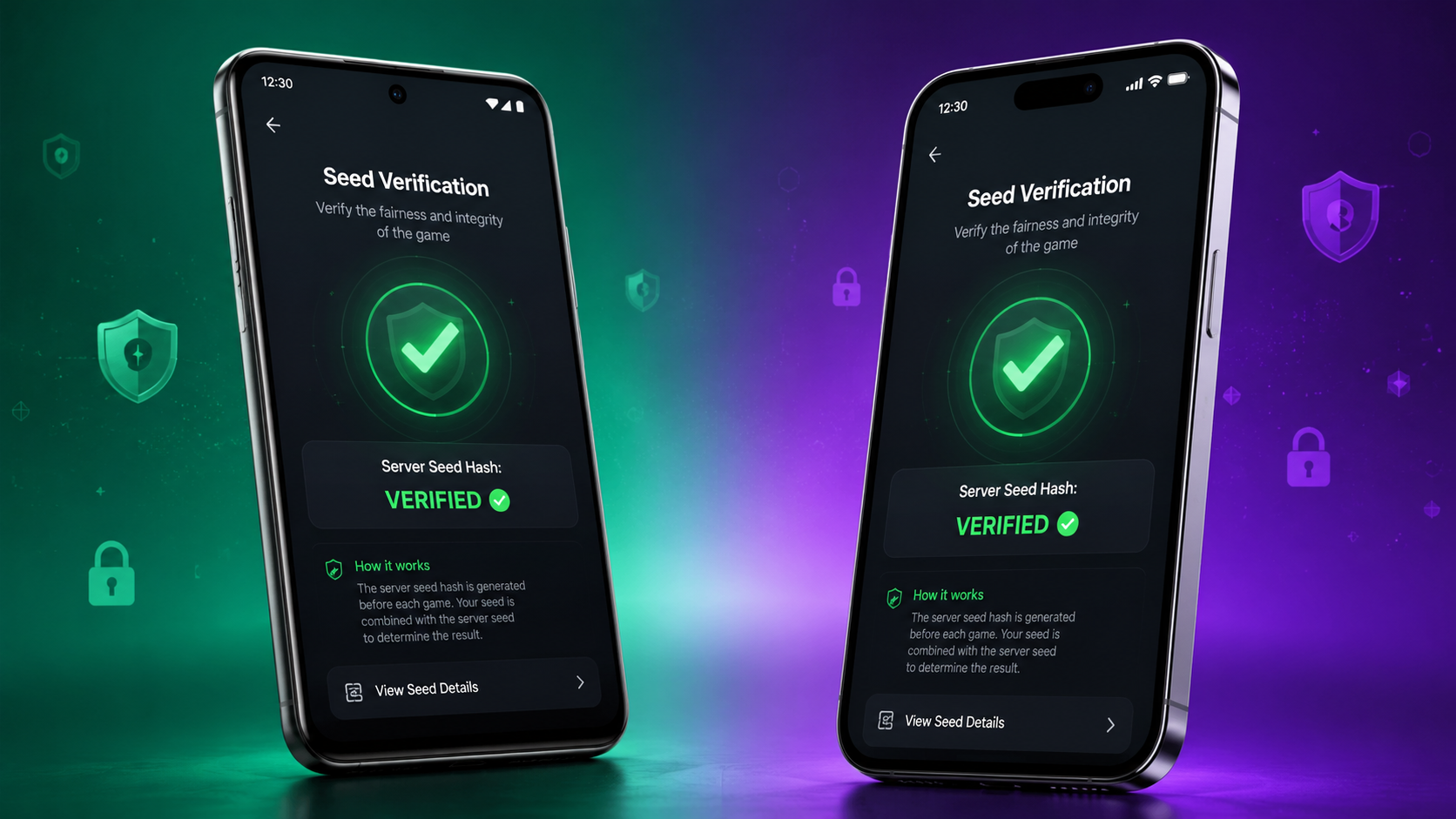 Mobile Seed Verification Guide - Android and iPhone showing FairPlay Audit seed verification process