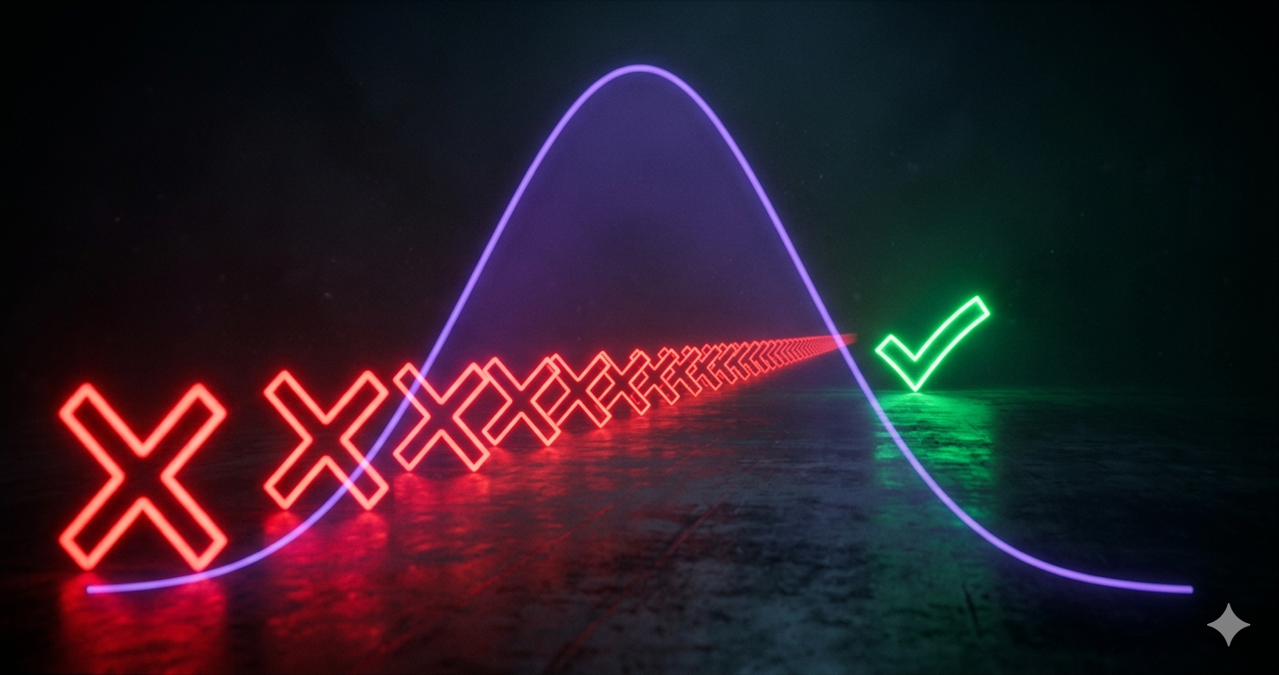 Row of red X marks fading into perspective with green checkmark at end under purple bell curve - neon visualization of losing streak probability