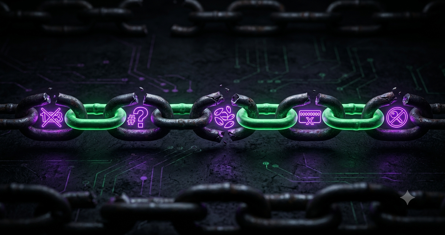 Five broken chain links with error symbols representing common provably fair seed rotation mistakes - green and purple neon on dark circuit board background