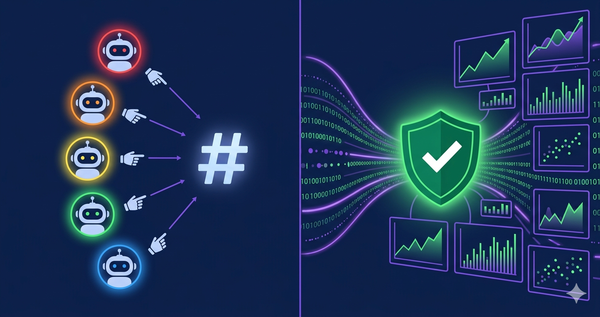 5 AI robots pointing at a hash symbol vs statistical analysis flowing into a verification shield