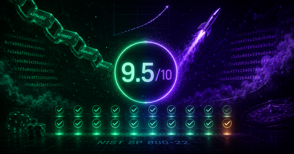 Bustabit Provably Fair Audit - Score 9.5/10 EXCELLENT - Hash chain visualization with 19 green checkmarks and NIST SP 800-22 certification