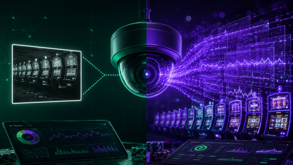 Continuous RNG Monitoring - Security camera overlooking casino data streams with statistical analysis dashboards