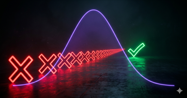 Row of red X marks fading into perspective with green checkmark at end under purple bell curve - neon visualization of losing streak probability