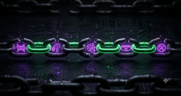 Five broken chain links with error symbols representing common provably fair seed rotation mistakes - green and purple neon on dark circuit board background